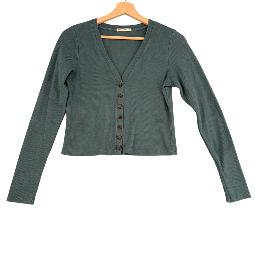 Marine Layer Womens Ribbed V-Neck Cardigan Top Teal Green Size S Cropped